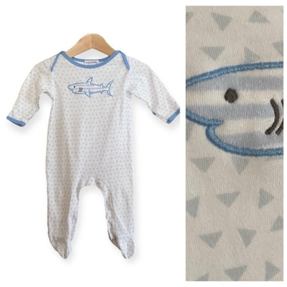 Magnolia Baby Blue White Shark Appliqué Long Sleeve Lap Footie 3m
